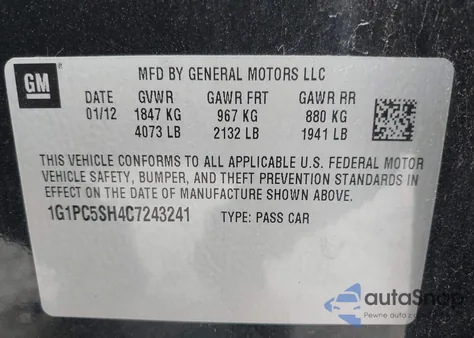 2012 Chevrolet Cruze Ls from USA, damaged, VIN 1G1PC5SH4C7243241